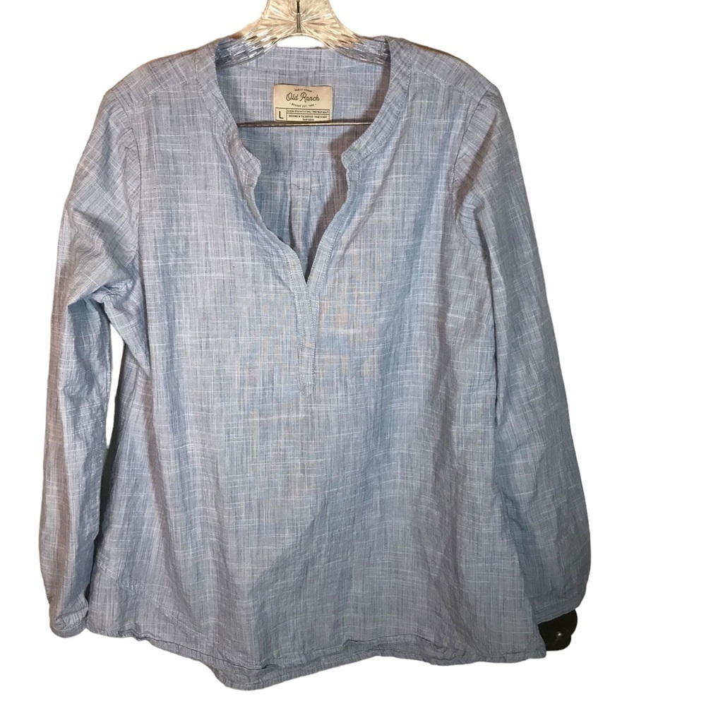 Old ranch top women’s L blue long sleeve V-neck cotton pullover lightweight